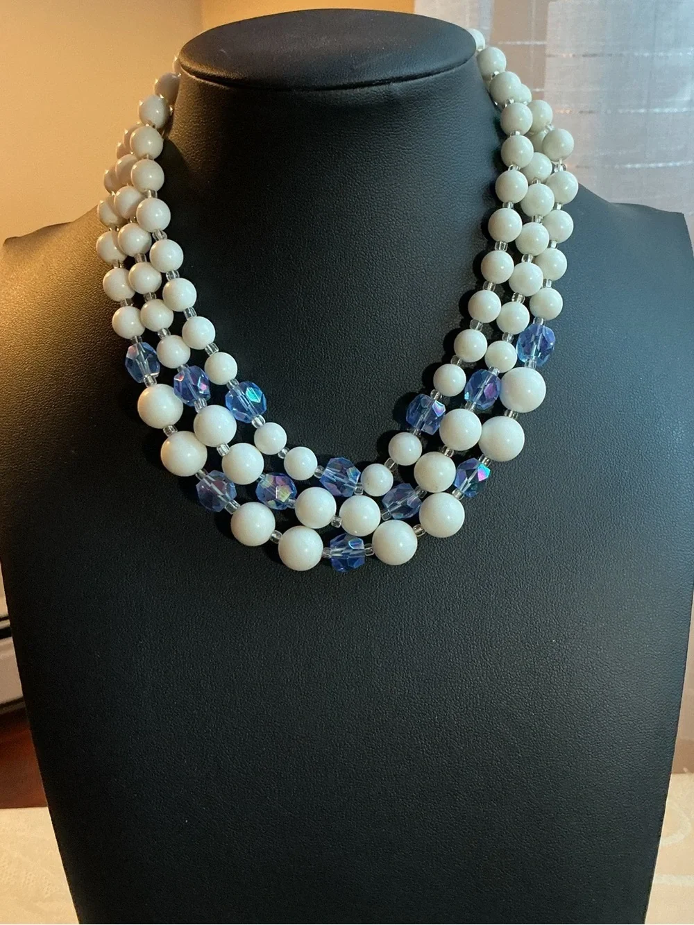 Mid-Century Vintage Cream Beads Silver Tone Necklace